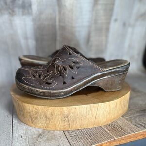 Bass Dark Brown Leather Mules with Floral Cut-Outs